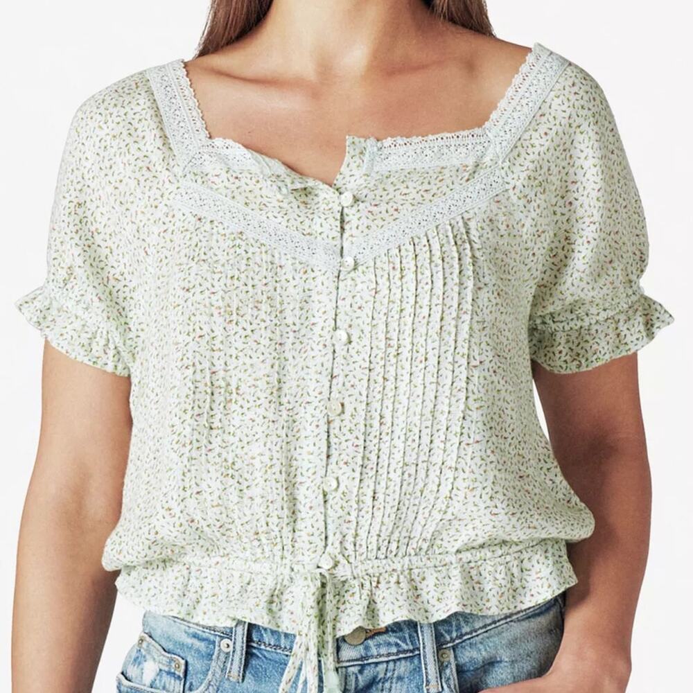 Lucky Brand Floral Printed Lace Trim Button Front Top Size Large Cottagecore
